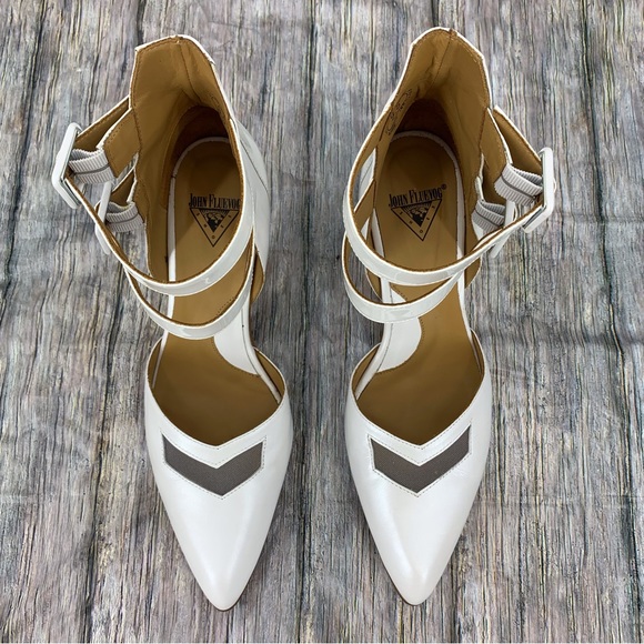 John Fluevog Modern Living Slant White Ankle Strap Heels, 9.5 - Picture 6 of 16